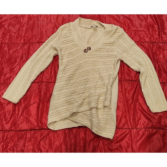 VENUS WOMENS Size Medium KNIT LONG SLEEVE BEIGE V-NECK HIGH LOW FRONT SWEATER - Picture 1 of 11